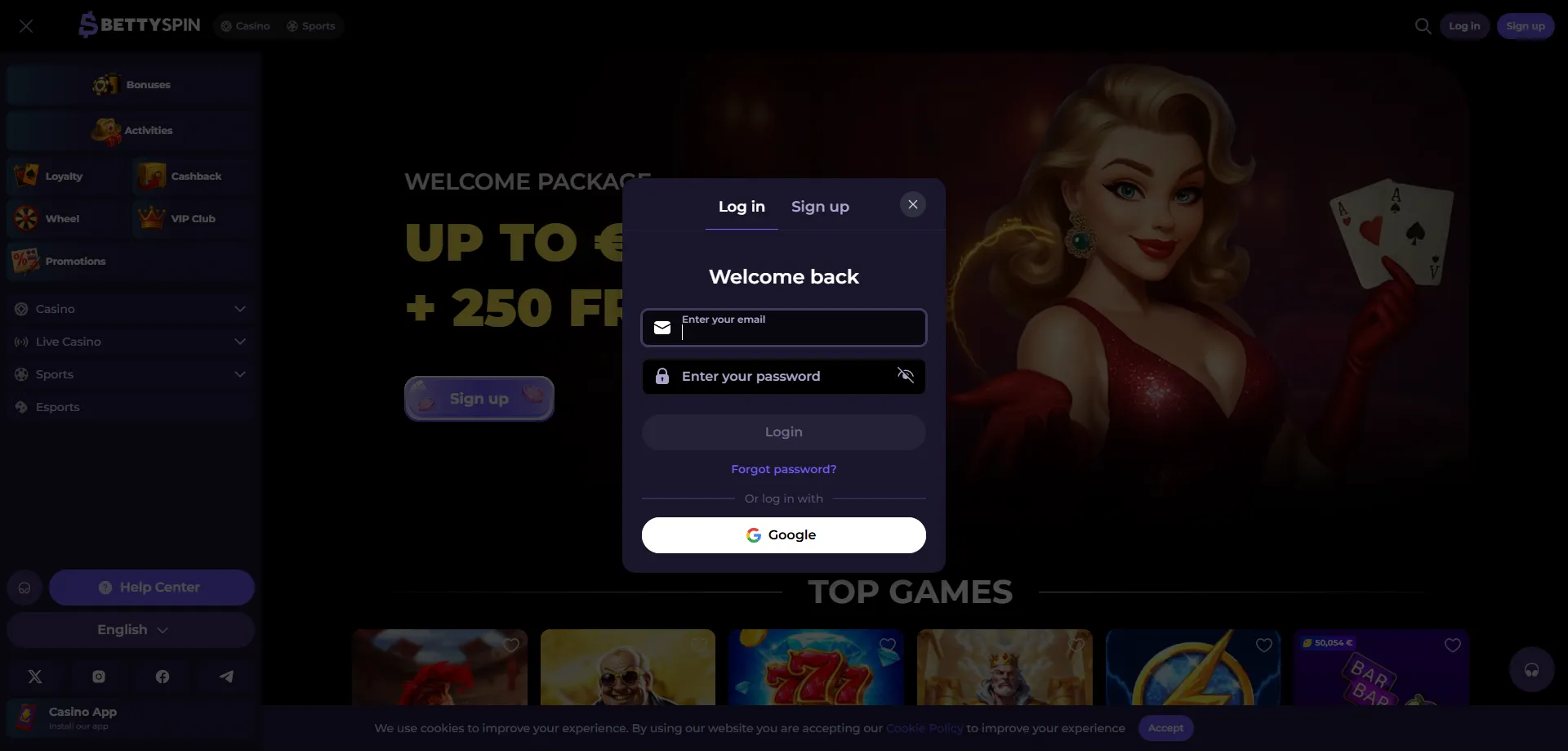Registrazione BettySpin Casino Italia pagina di accesso account